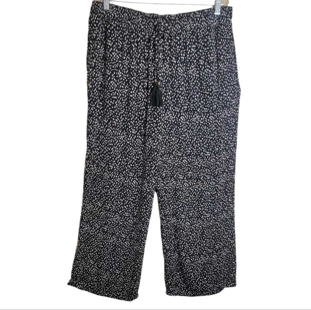 Kate & Sam plus size pull on wide leg crop pants black cream abstract print XXL